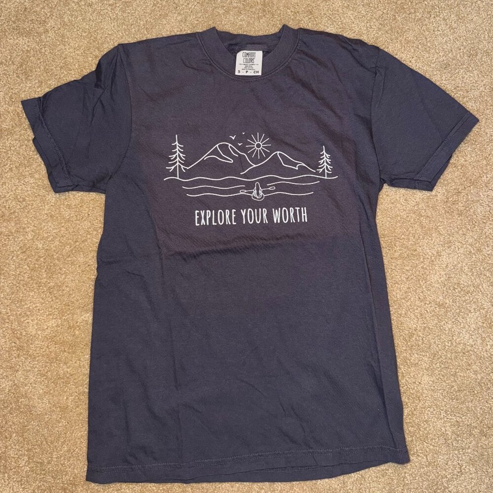 CHARCOAL SHORT SLEEVE COMFORT COLORS EXPLORE YOUR WORTH SHIRT MULTIPLE SIZES
